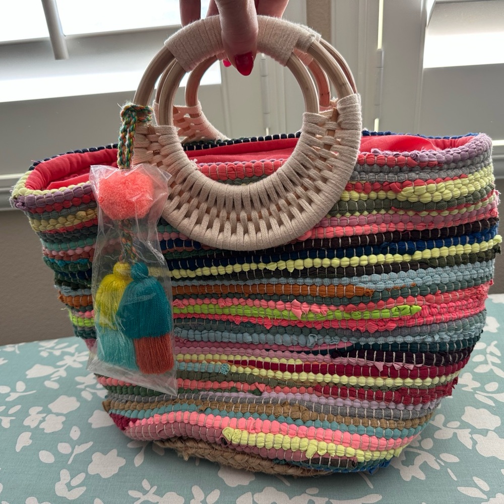 Multicolor Woven Tote Bag with Circular Handles